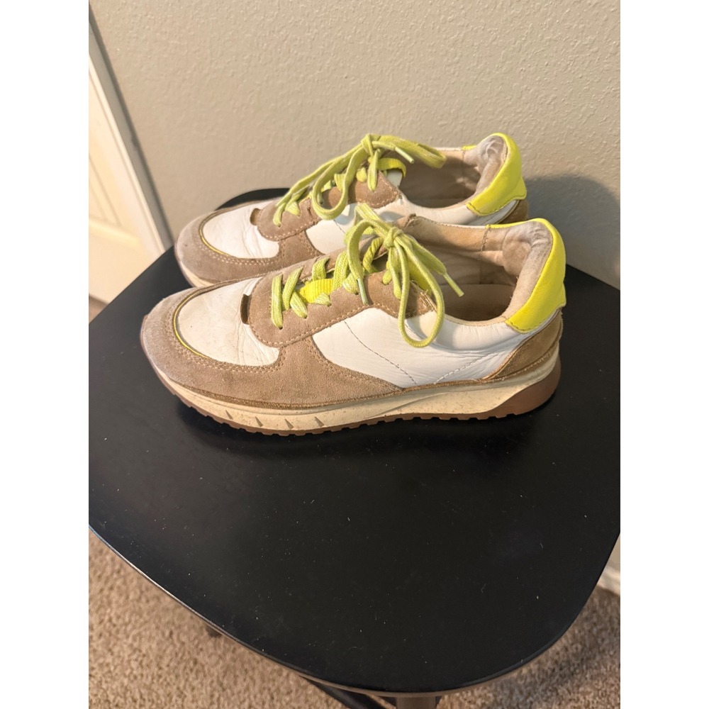Madewell MWL Kickoff Trainer Sneakers White Tan Neon Yellow Leather Suede SZ 7M - Picture 4 of 9